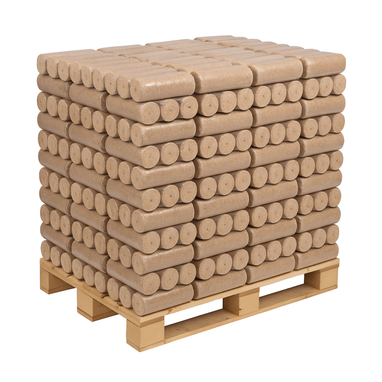 Bûches densifiées 100 % feuillus – Palette de 1 tonne (100 paquets de 10 kg)